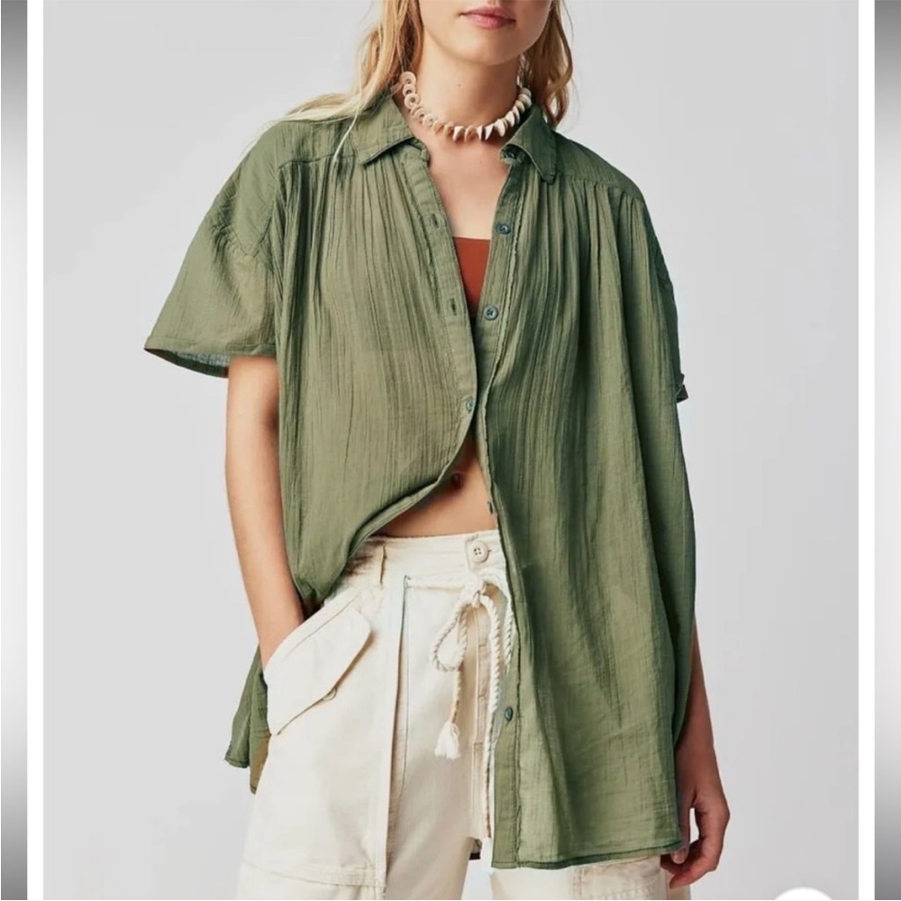 We The Free Olive Green Gauze Button-Down Shirt